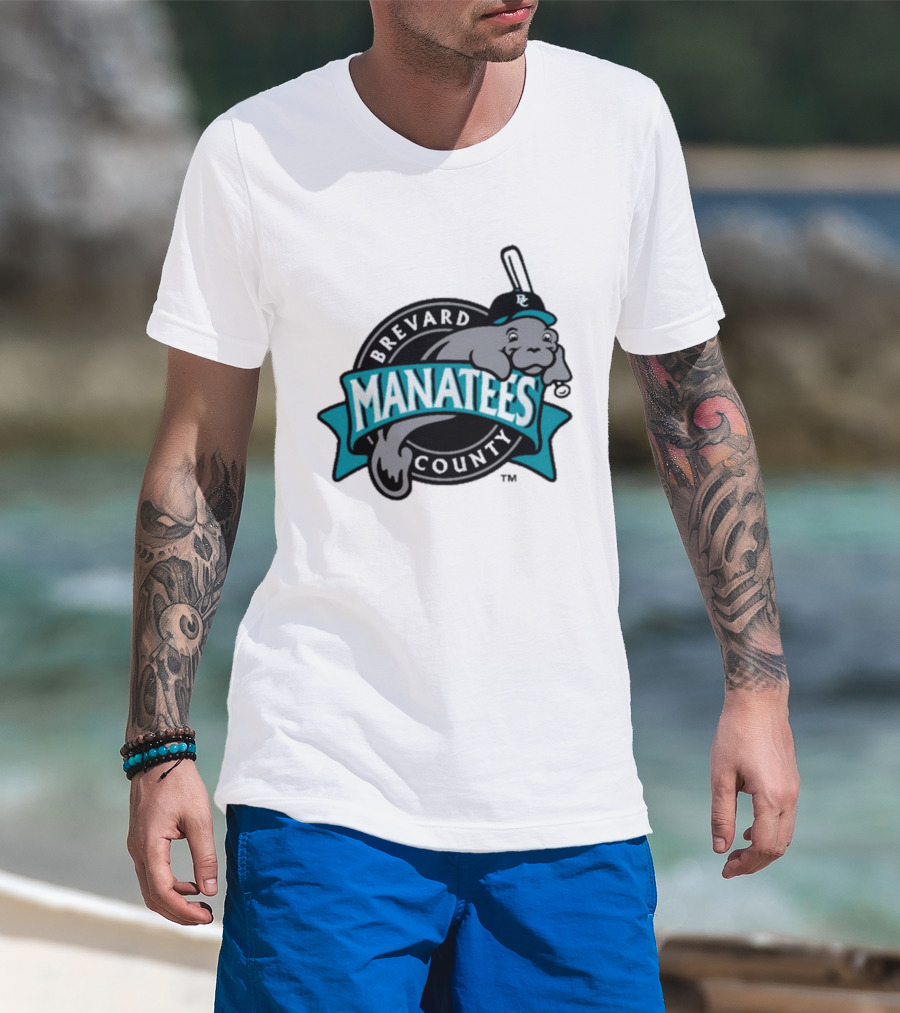 Brevard County Manatees Baseball Team Cap Mascot With Bat And Ball T-Shirt