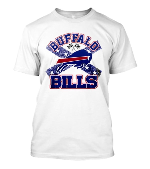 Buffalo Bills Caricature With Flag And Crossed Checkered Flags T-Shirt