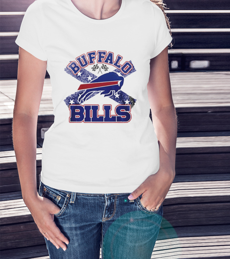 Buffalo Bills Caricature With Flag And Crossed Checkered Flags T-Shirt