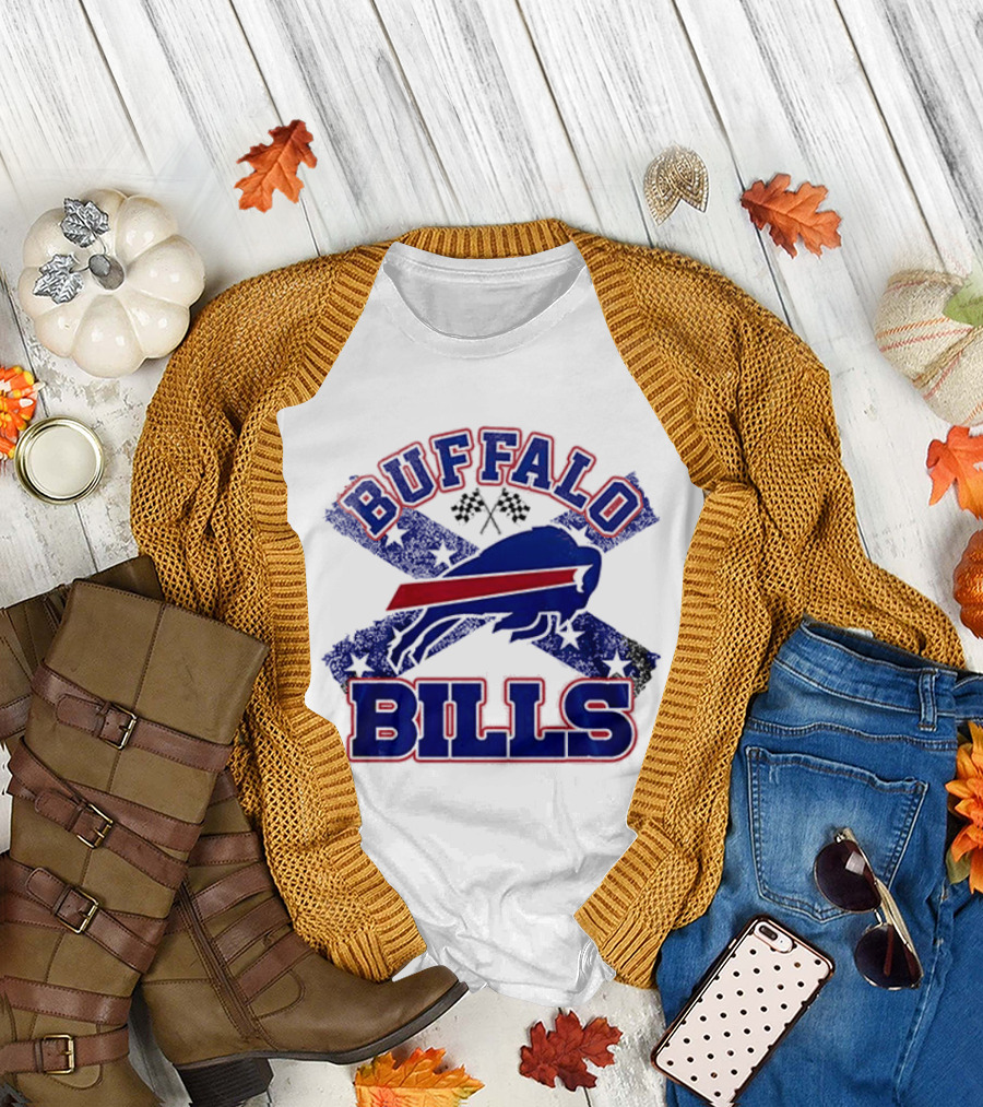 Buffalo Bills Caricature with Flag and Crossed Checkered Flags T-Shirt