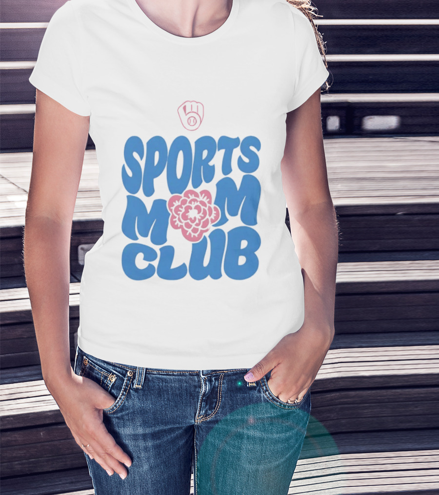 Milwaukee Brewers Sports Mom Club Mother's Day Baseball Mitt Flower T-Shirt