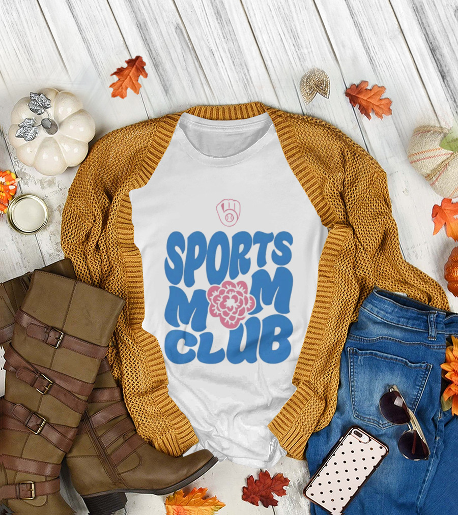 Milwaukee Brewers Sports Mom Club Mother's Day Baseball Mitt Flower T-Shirt