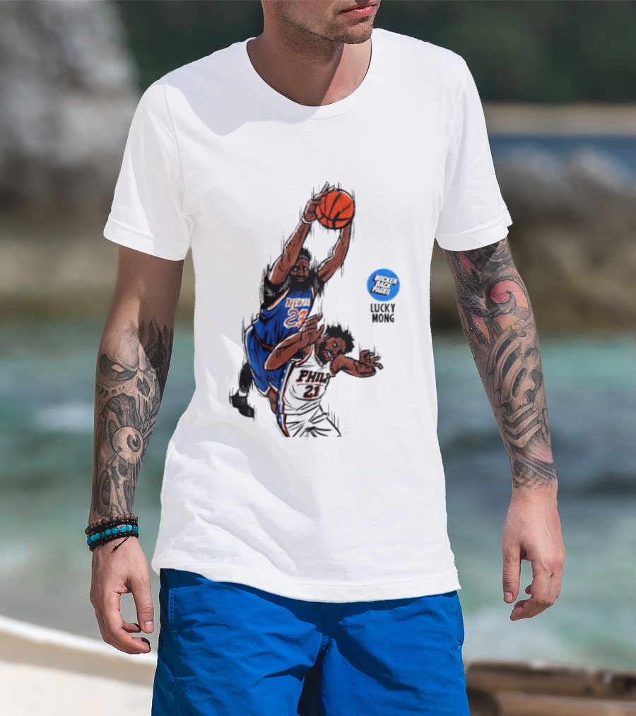 Knicks Vs 76ers Game 4 Iconic Moment Joel Embiid Mitchell Robinson NBA Matchup T-Shirt