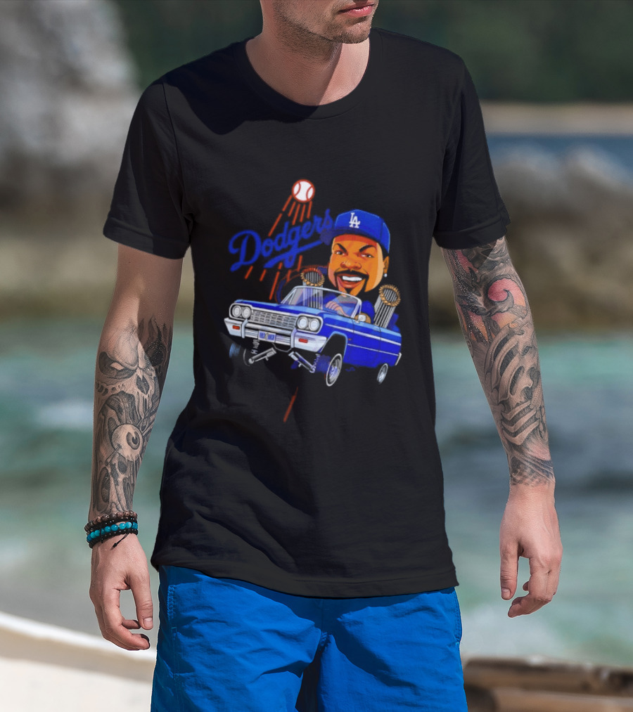 Ice Cube Cartoon Driving Lowrider Los Angeles Dodgers Baseball T-Shirt