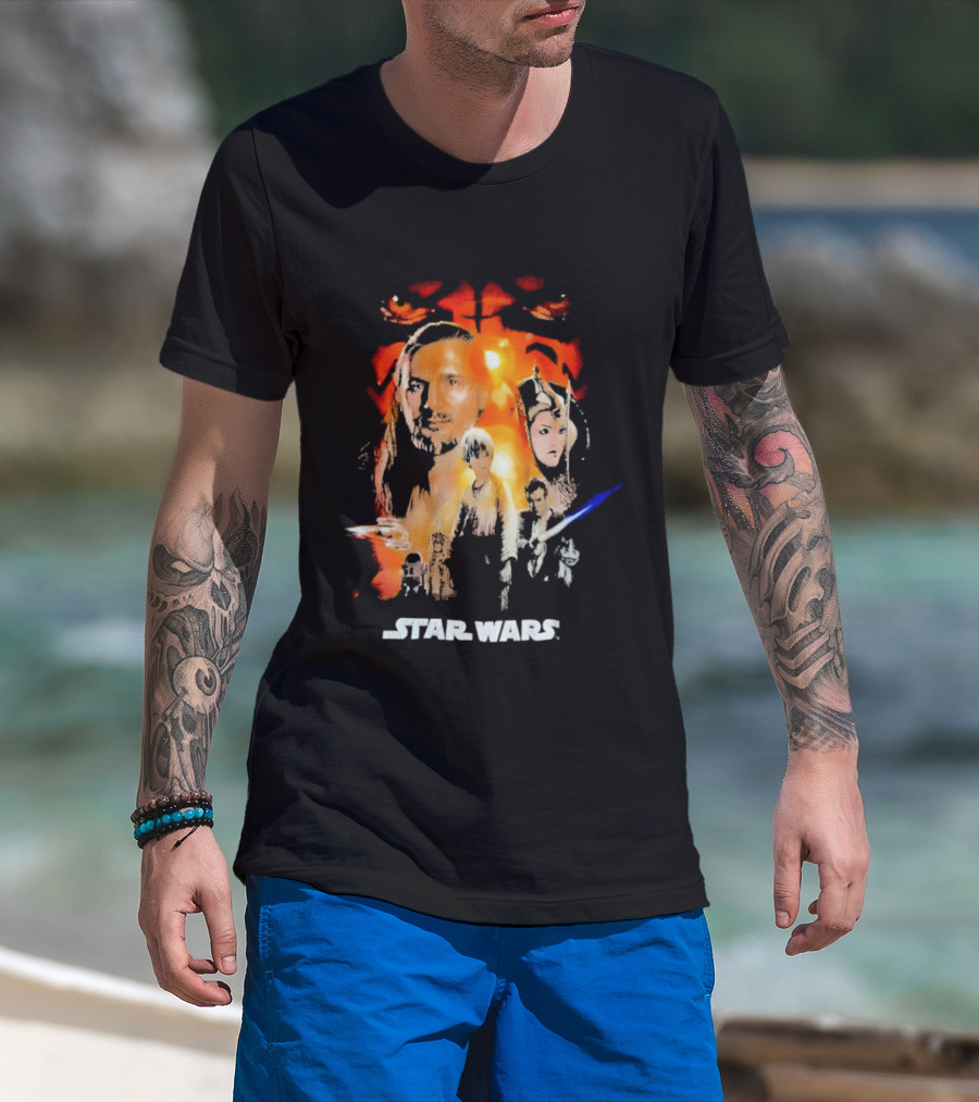 Star Wars The Phantom Menace Movie Characters And Lightsaber T-Shirt