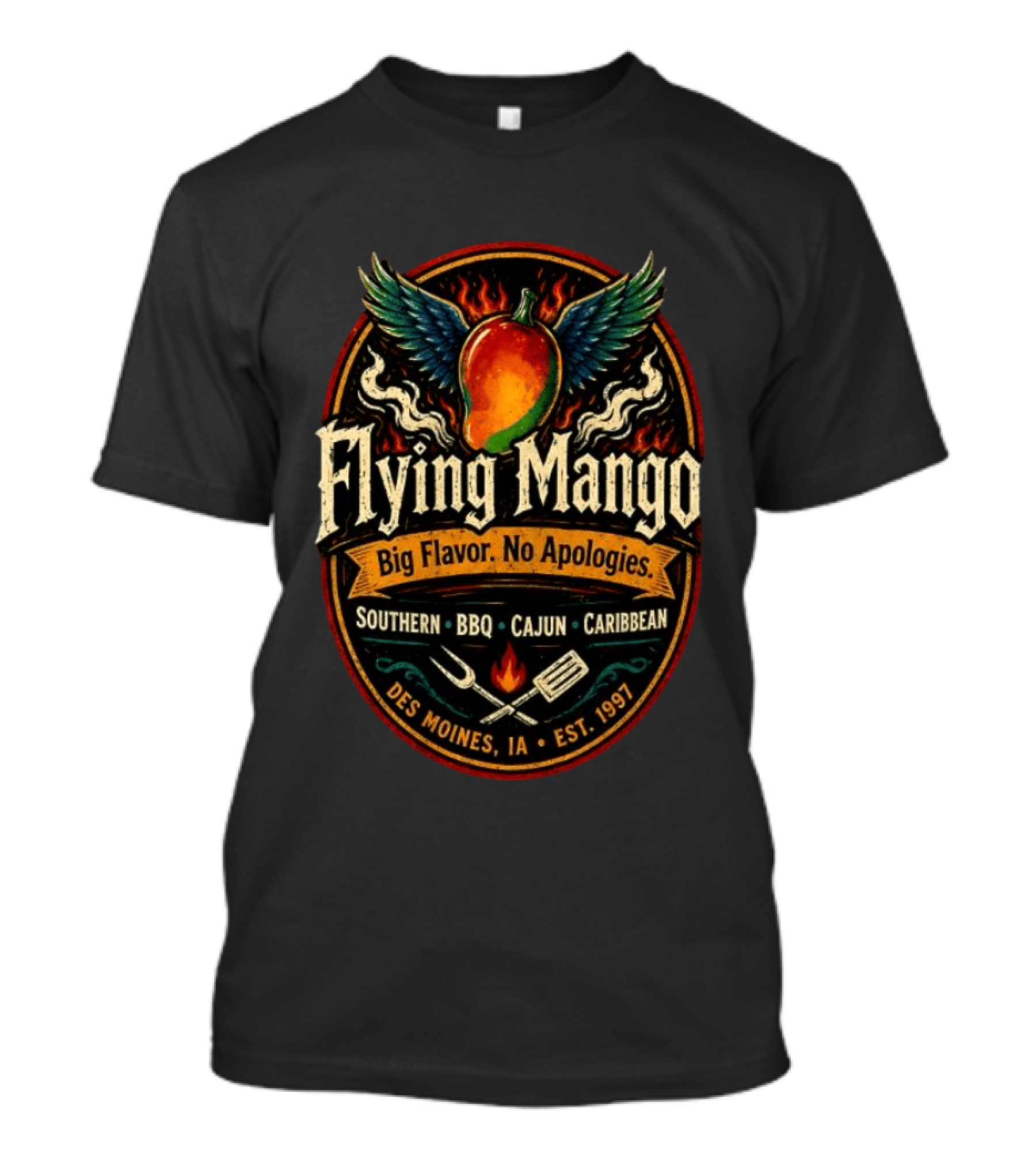 Flying Mango Southern BBQ Cajun Caribbean Des Moines IA Est 1997 T-Shirt