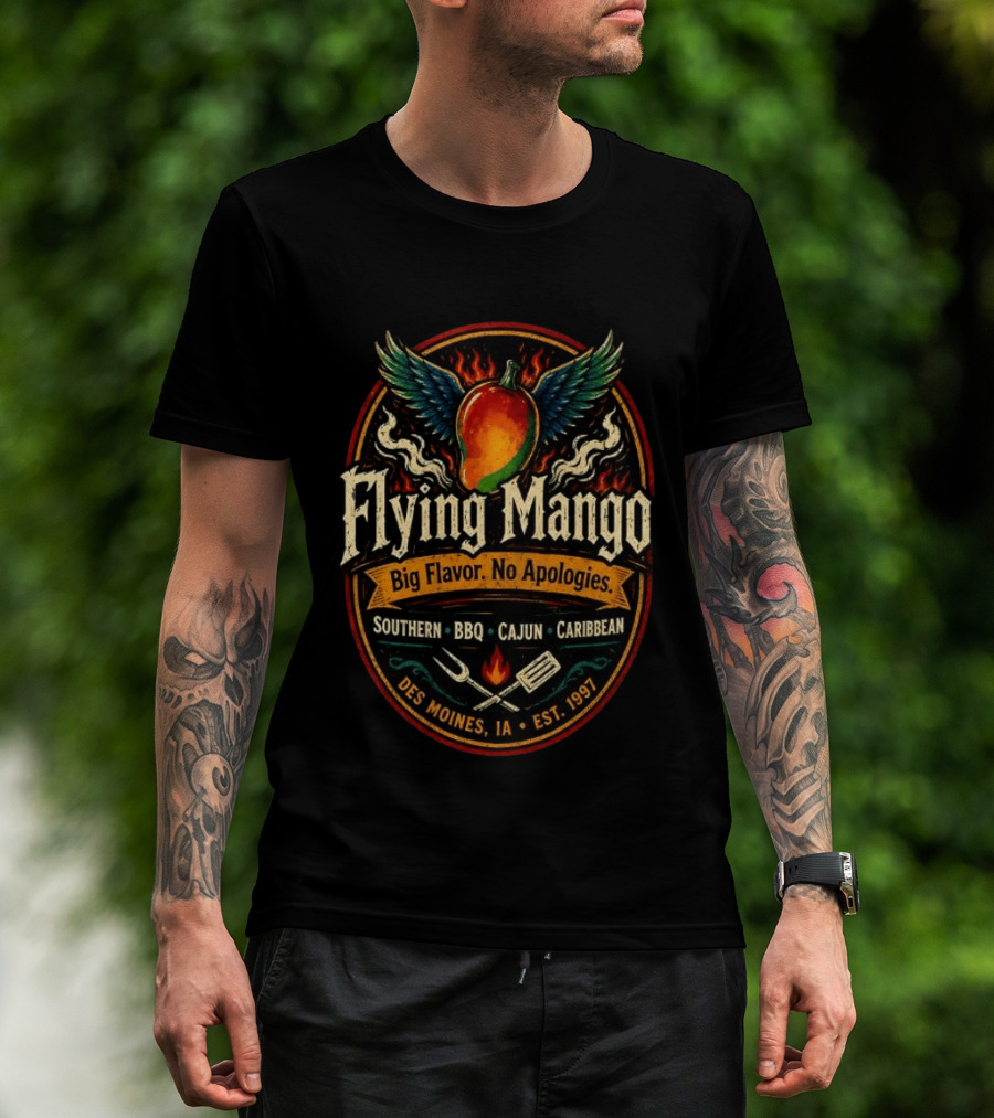 Flying Mango Southern BBQ Cajun Caribbean Des Moines IA Est 1997 T-Shirt