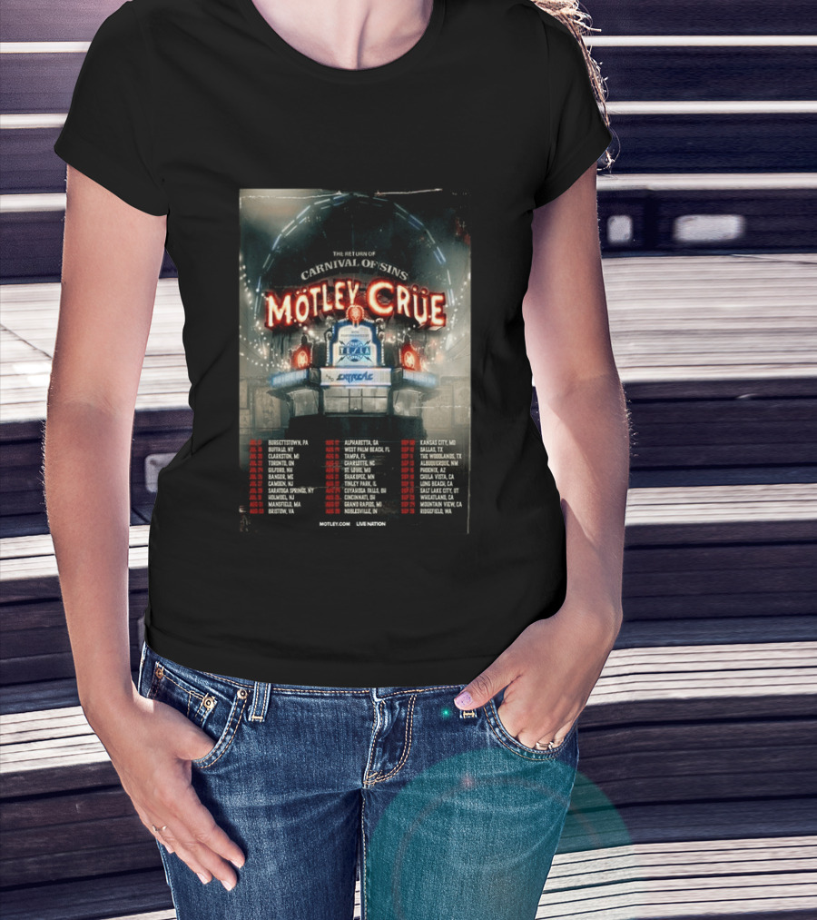 Motley Crue Carnival Of Sins Tour 2026 Featuring Tesla Dates And Locations T-Shirt