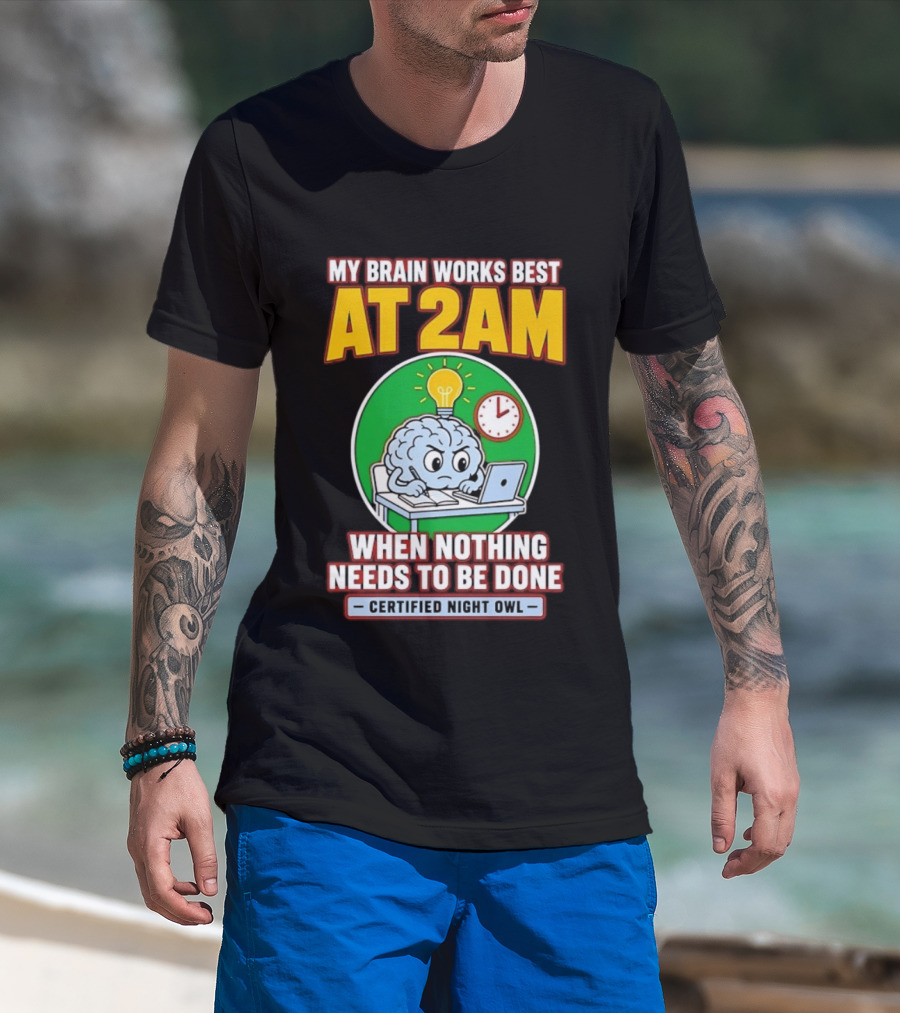 My Brain Works Best At 2am When Nothing Needs To Be Done Certified Night Owl T-Shirt