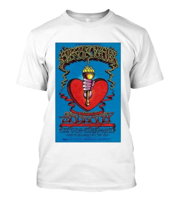 Big Brother The Holding Company Blue Background Red Heart And Torch Iconic Psychedelic T-Shirt