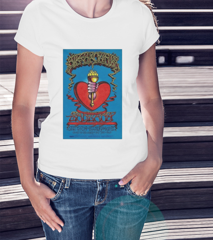 Big Brother The Holding Company Blue Background Red Heart And Torch Iconic Psychedelic T-Shirt