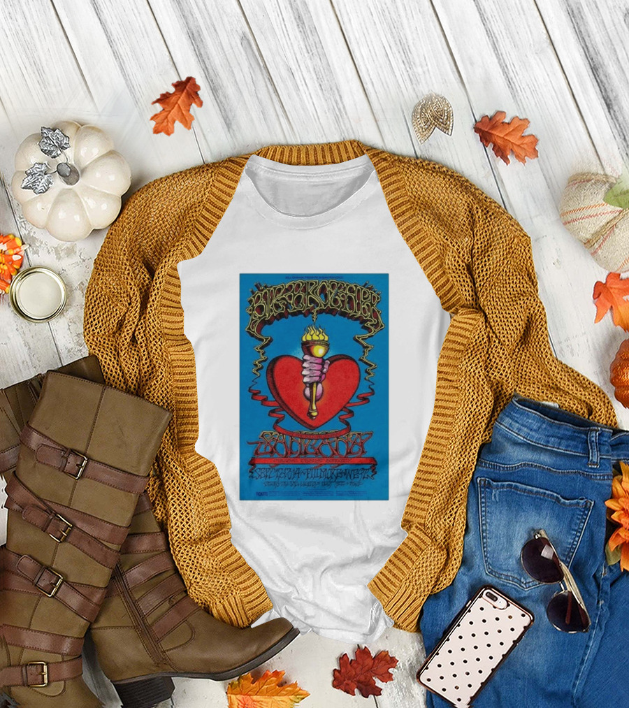 Big Brother The Holding Company Blue Background Red Heart and Torch Iconic Psychedelic T-Shirt