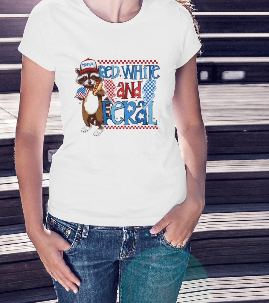 Red White And Feral Raccoon Hot Dog Patriotic 4th Of July Celebration T-Shirt