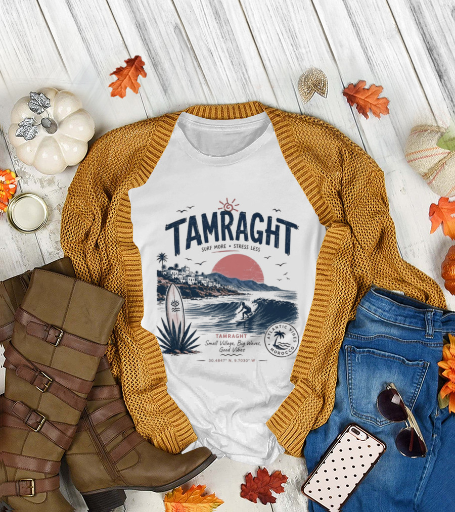 Tamraght Surf Maroc A Surfing Adventure Red Sun Ocean Waves T-Shirt
