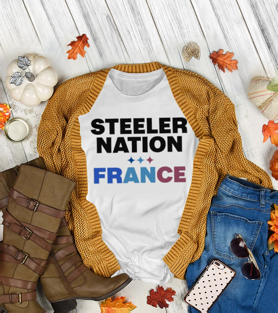 STEELERS NATION FRANCE Black Text Blue White Red Team T-Shirt
