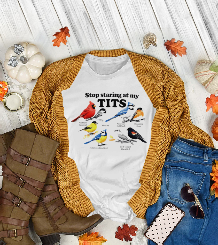 Stop Staring At My Tits Northern Cardinal Blue Jay American Goldfinch Mourning Dove Red Winged Blackbird T-Shirt
