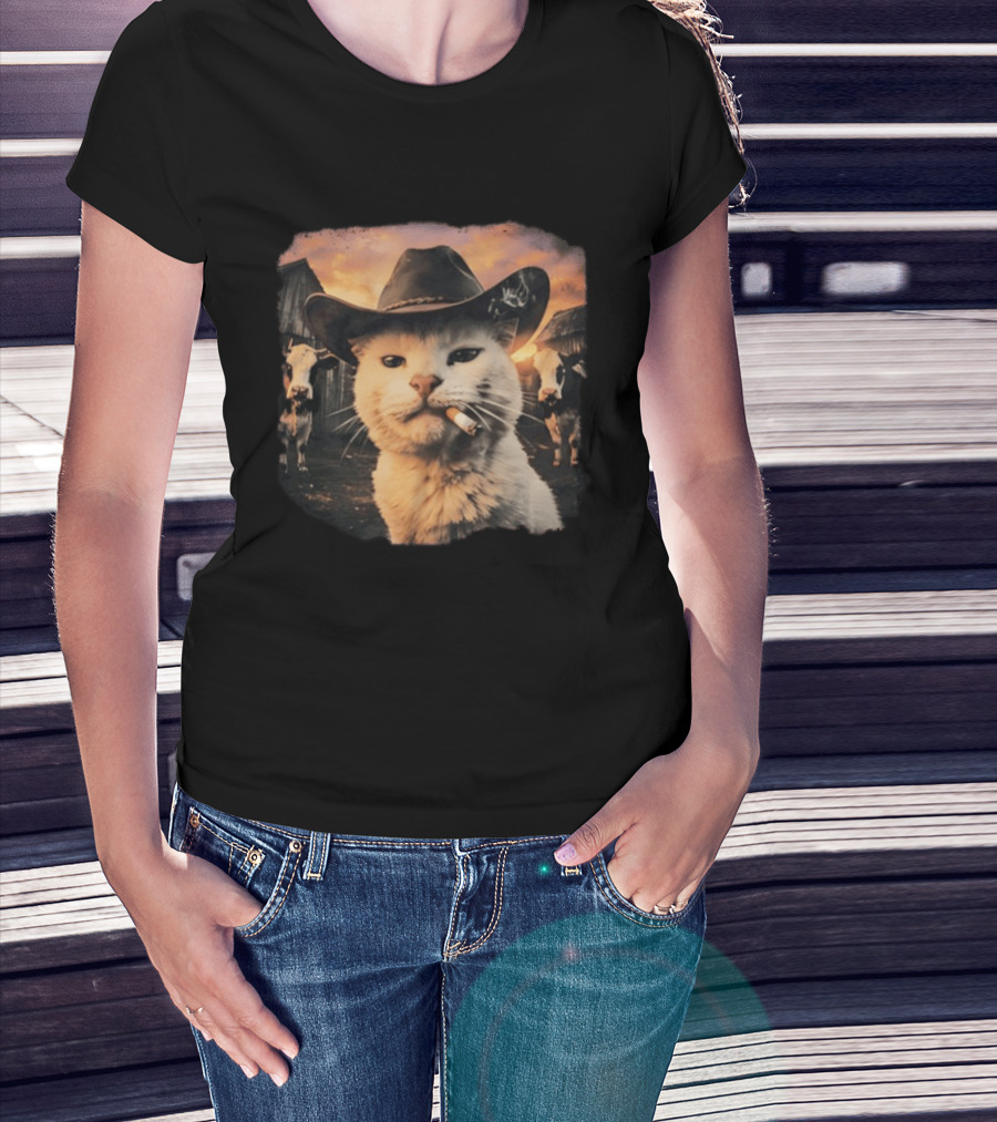Cowboy Cat Smoking Cigarette In Rustic Barnyard Scene With Cows T-Shirt