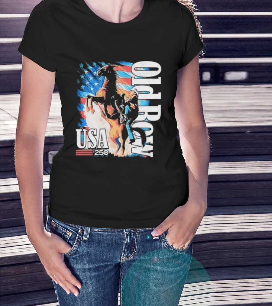Cowboy Rodeo Rider With Horse USA Flag 250th Anniversary T-Shirt
