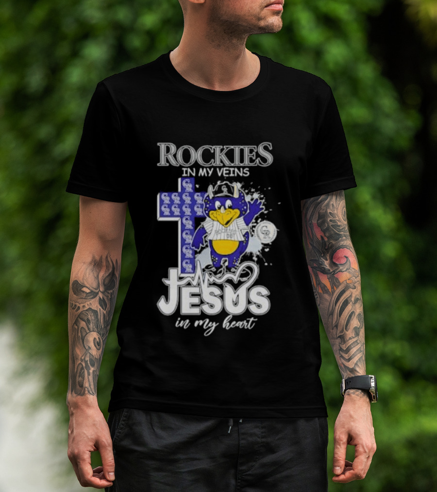 Colorado Rockies Baseball In My Veins Jesus In My Heart Cross Christian Rockies T-Shirt
