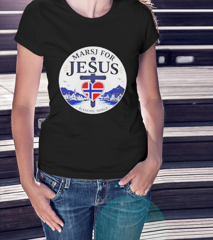 Marsj For Jesus Ålesund Norge Heart And Cross With Norwegian Flag T-Shirt