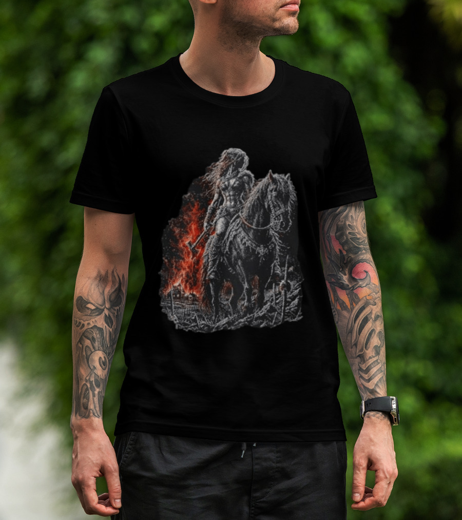 Barbarian Woman Dark Fantasy Warrior On Horseback With Axe And Fire T-Shirt