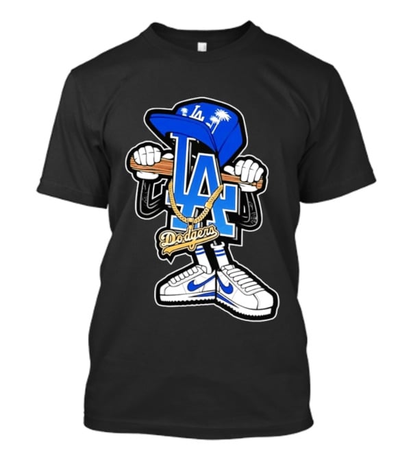 LA Dodgers Palm Trees Gold Chain With Blue Hat And Sneakers T-Shirt