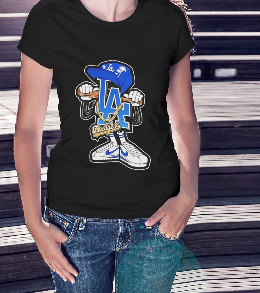 LA Dodgers Palm Trees Gold Chain With Blue Hat And Sneakers T-Shirt
