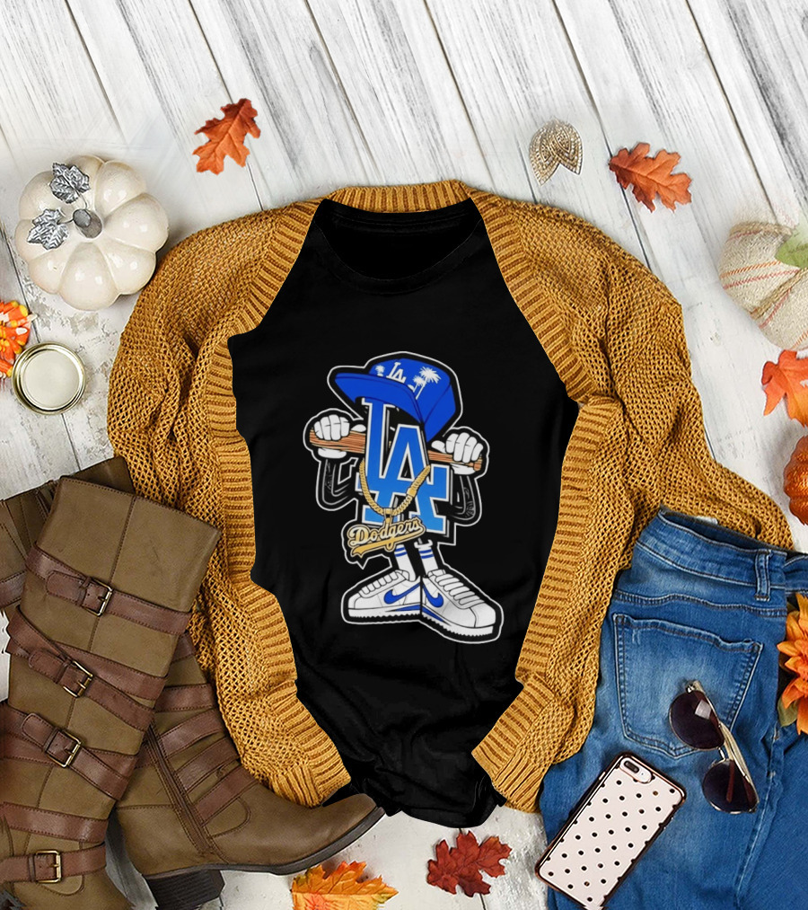 LA Dodgers Palm Trees Gold Chain with Blue Hat and Sneakers T-Shirt