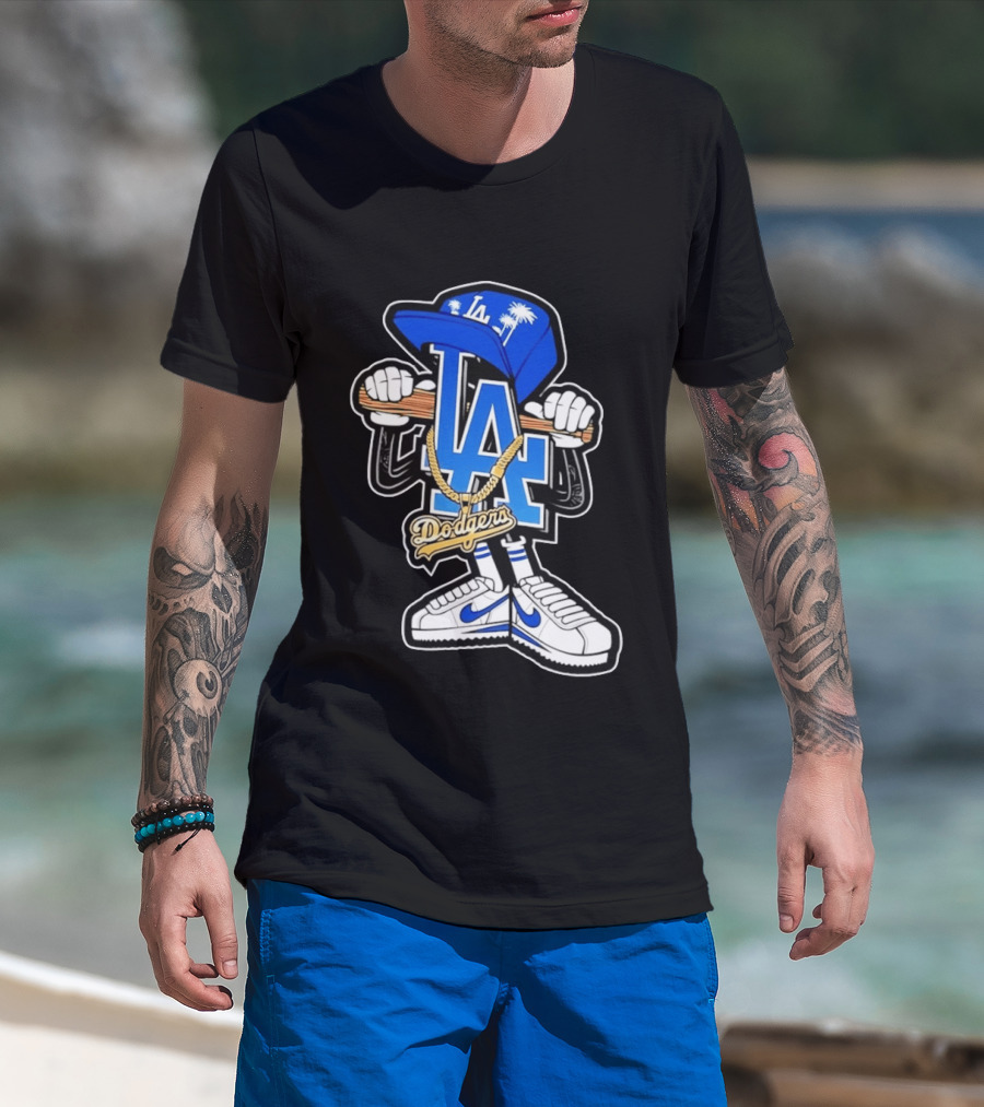 LA Dodgers Palm Trees Gold Chain With Blue Hat And Sneakers T-Shirt
