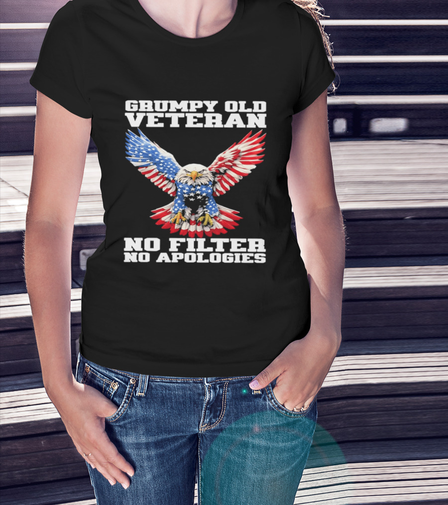 Grumpy Old Veteran American Flag Eagle No Filter No Apologies T-Shirt