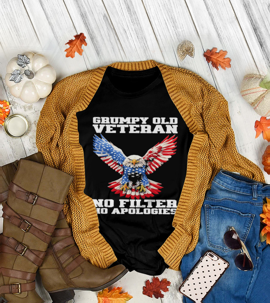 Grumpy Old Veteran American Flag Eagle No Filter No Apologies T-Shirt