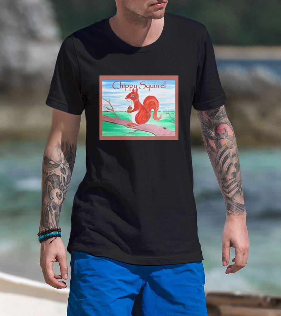 Chippy Squirrel Acorn On Tree Branch Nature Scene T-Shirt
