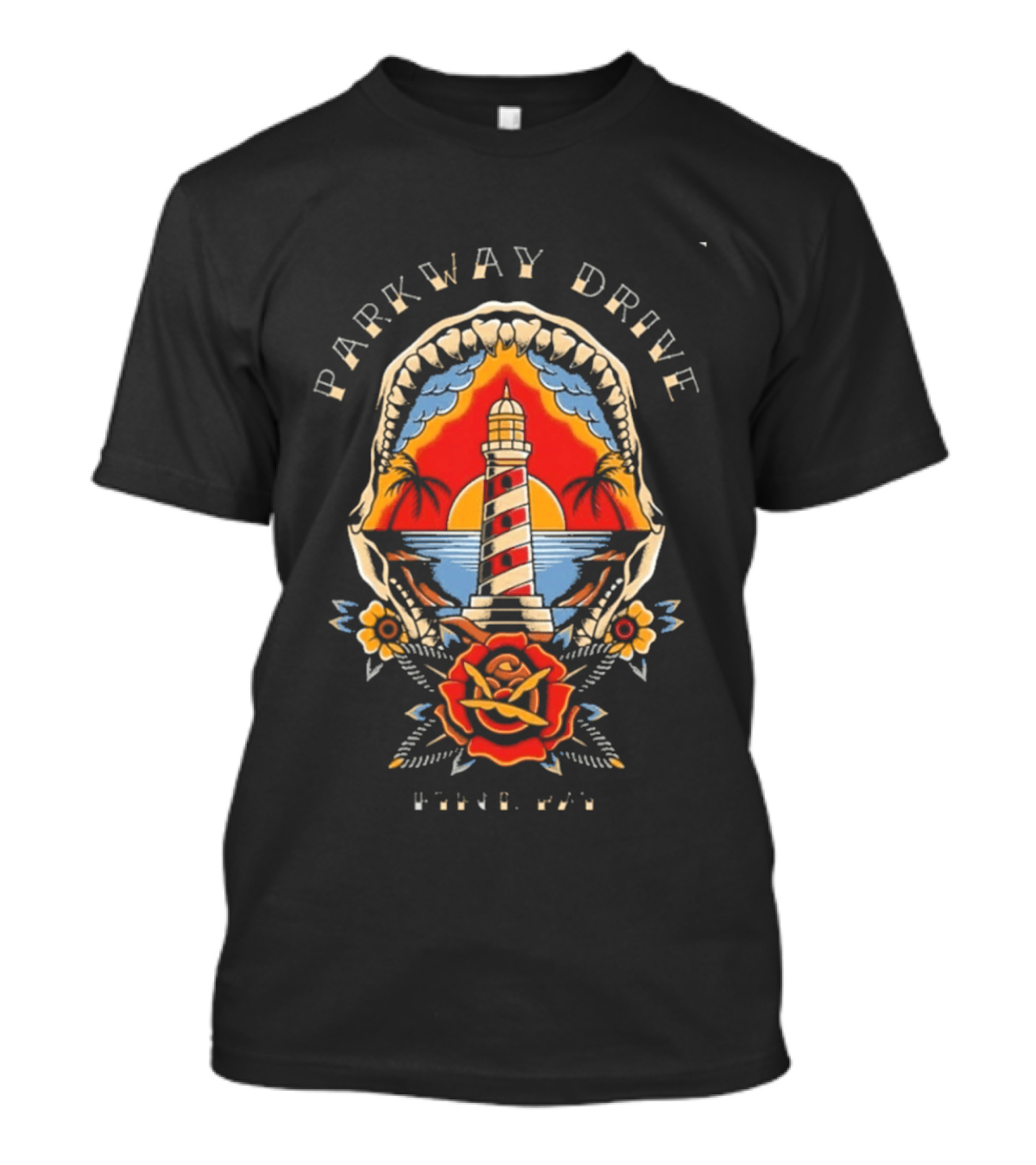 Parkway Drive Welcome To Rockville 2026 The Lighthouse Shark Jaw Rose Ocean Sunset T-Shirt