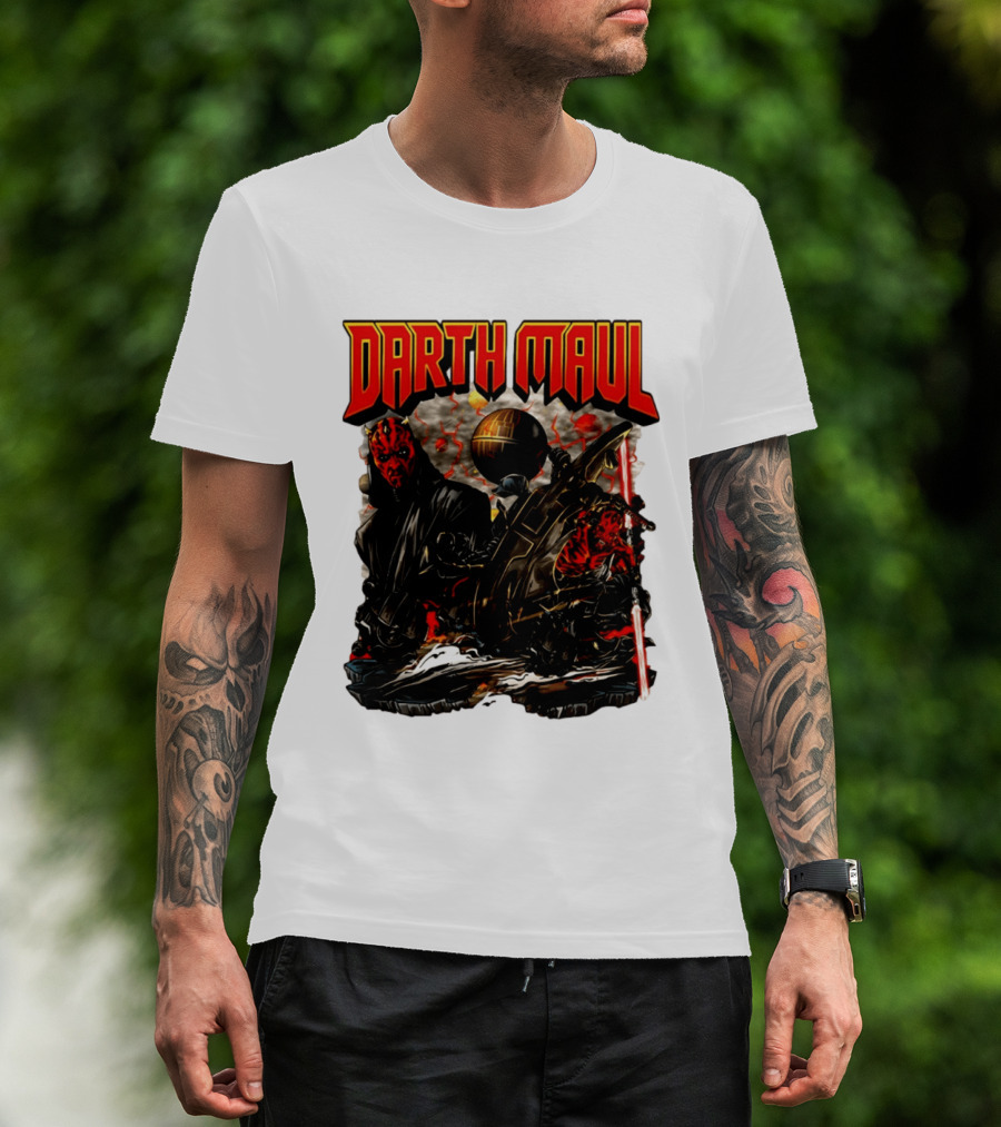 Darth Maul Star Wars Sith Warrior Battle Scene With Lightsaber And The Death Star T-Shirt