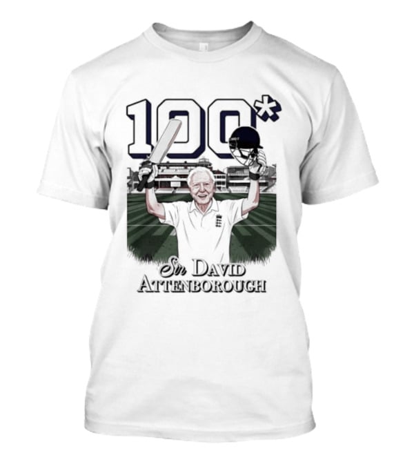 Sir David Attenborough 100 Celebration Cricket Bat And Helmet Raised T-Shirt