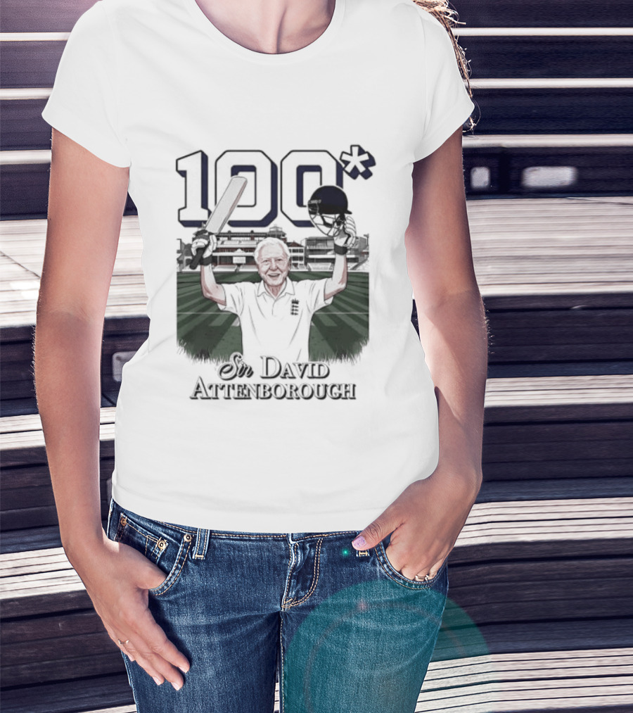Sir David Attenborough 100 Celebration Cricket Bat And Helmet Raised T-Shirt