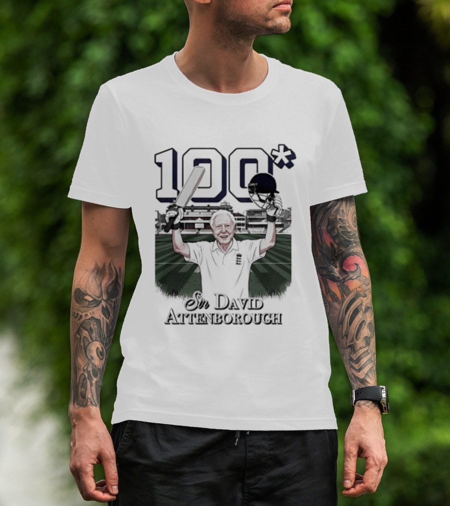 Sir David Attenborough 100 Celebration Cricket Bat And Helmet Raised T-Shirt