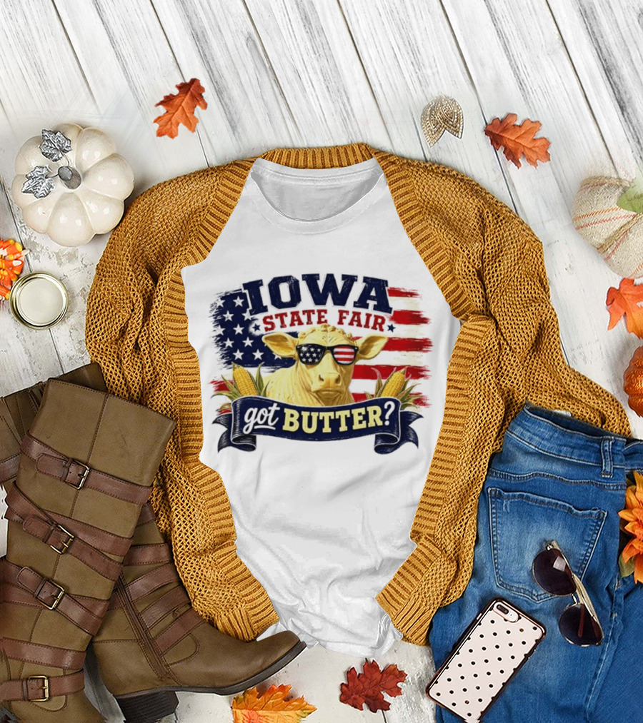 Iowa State Fair Cow Got Butter Corn American Flag T-Shirt