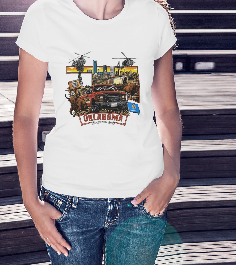 Oklahoma The Sooner State Route 66 Buffalo Cityscape Helicopters T-Shirt
