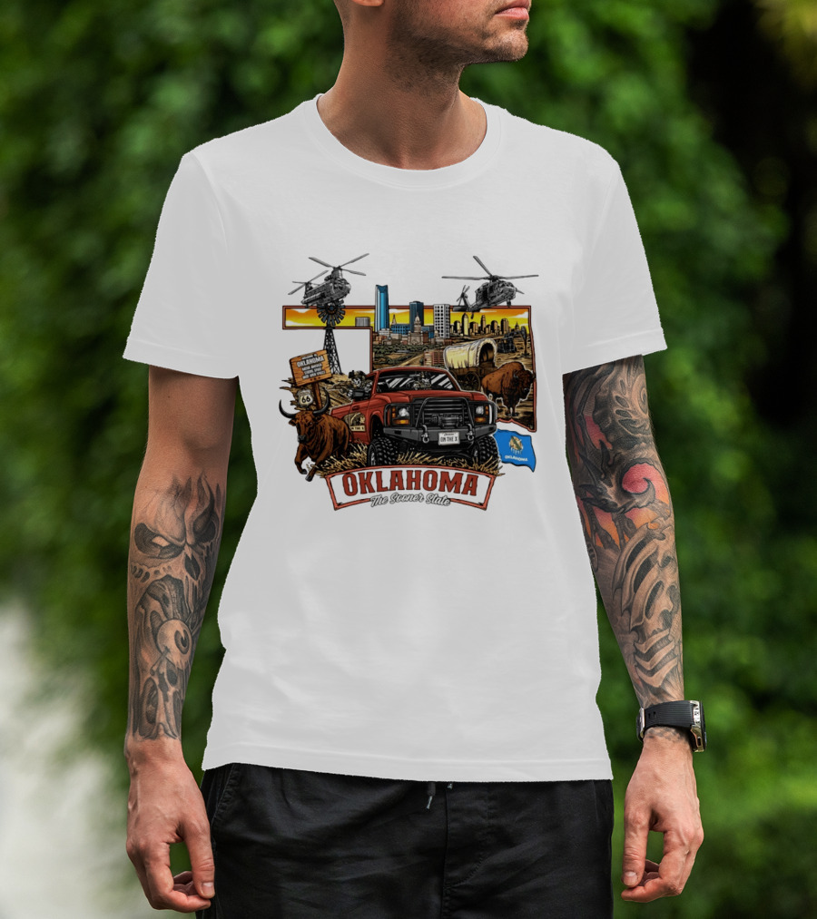 Oklahoma The Sooner State Route 66 Buffalo Cityscape Helicopters T-Shirt
