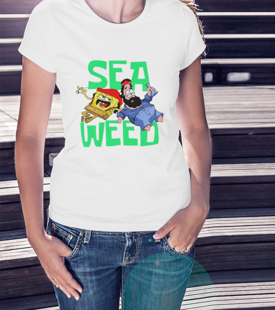 Sea Weed Sponge And Bearded Duo Cartoon Characters T-Shirt