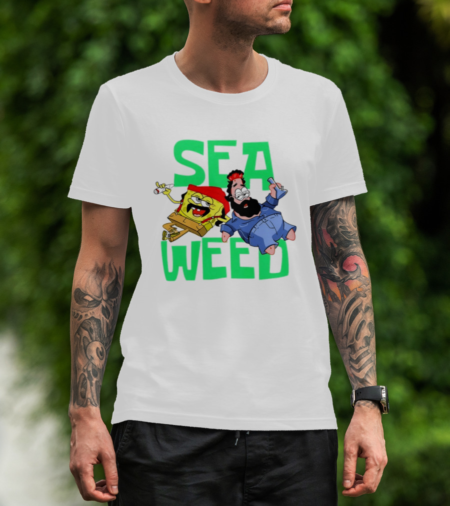 Sea Weed Sponge And Bearded Duo Cartoon Characters T-Shirt