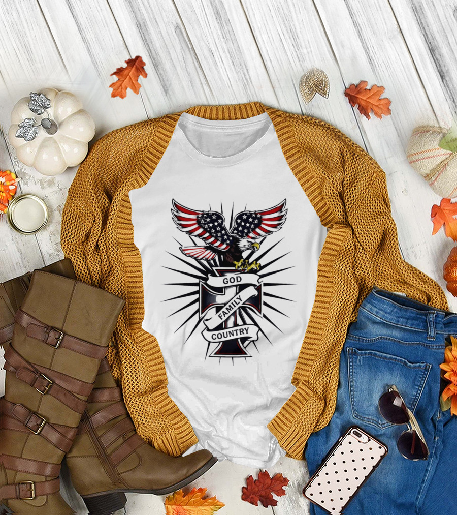 Eagle with American Flag Wings and Cross God Family Country T-Shirt