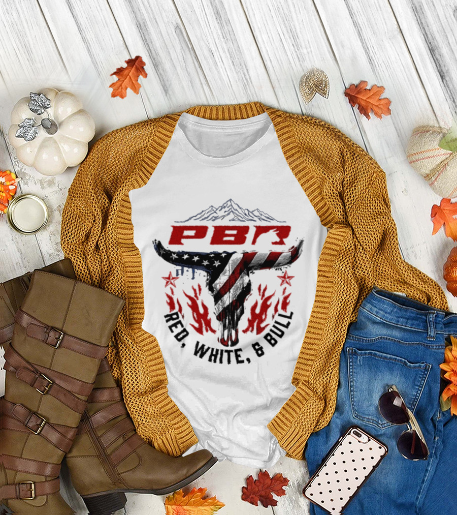 PBR Red White and Bull Mountain Skull Stars and Flames T-Shirt