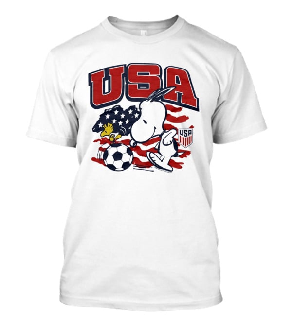 USA Soccer Snoopy And Woodstock Peanuts Characters With American Flag T-Shirt