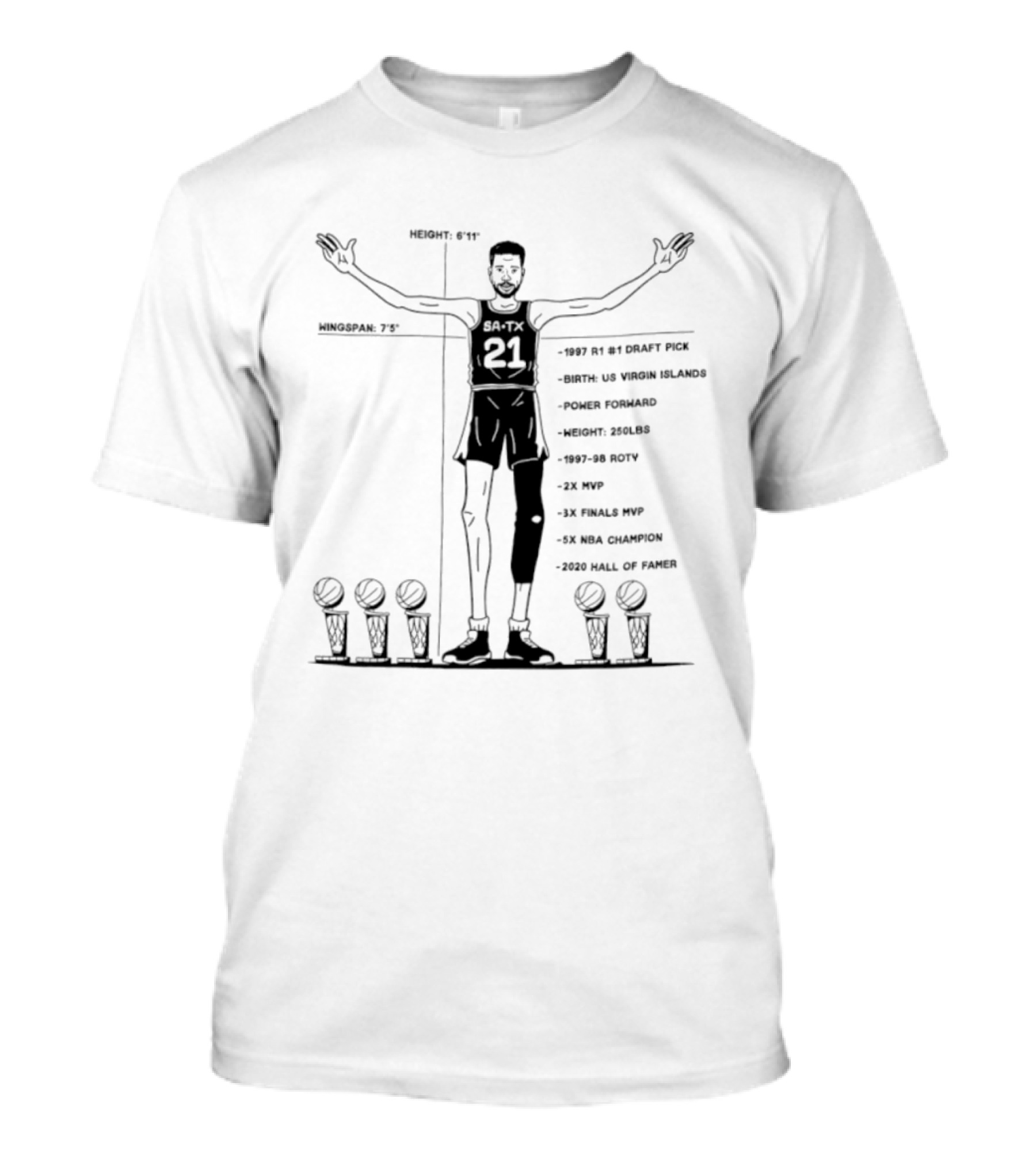 Spurs Tim Duncan 1997 R1 #1 Draft Pick Power Forward 1997 98 ROTY Virgin Islands 2003 Hall Of Fame 15x NBA All Star 2x NBA MVP 5x NBA Champion T-Shirt