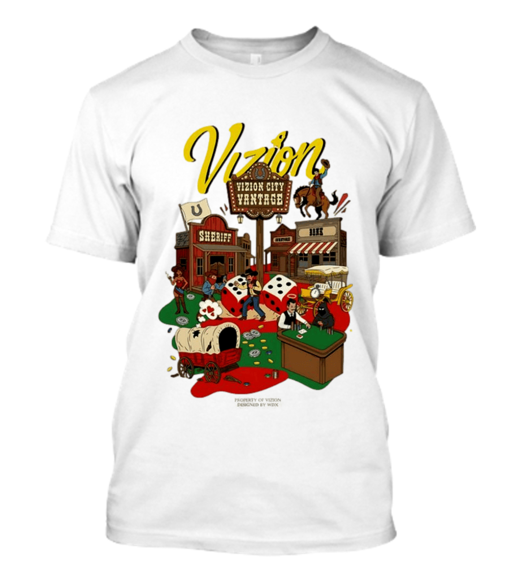 Vizion City Vantage Wild West Cowboy Town Dice Saloon Sheriff Wagon Horse T-Shirt