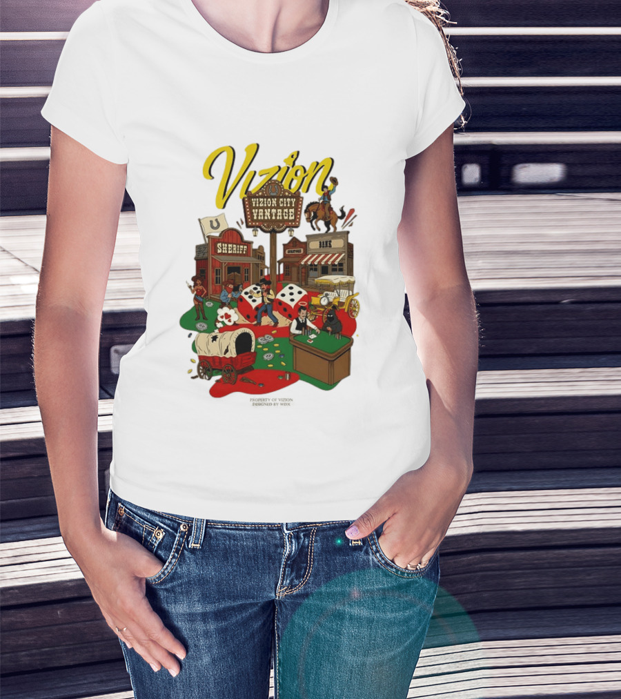 Vizion City Vantage Wild West Cowboy Town Dice Saloon Sheriff Wagon Horse T-Shirt