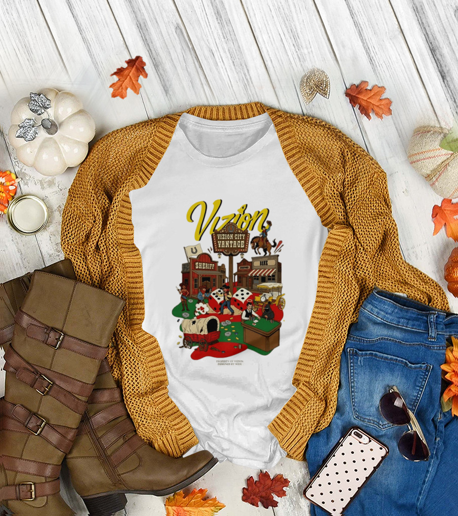 Vizion City Vantage Wild West Cowboy Town Dice Saloon Sheriff Wagon Horse T-Shirt