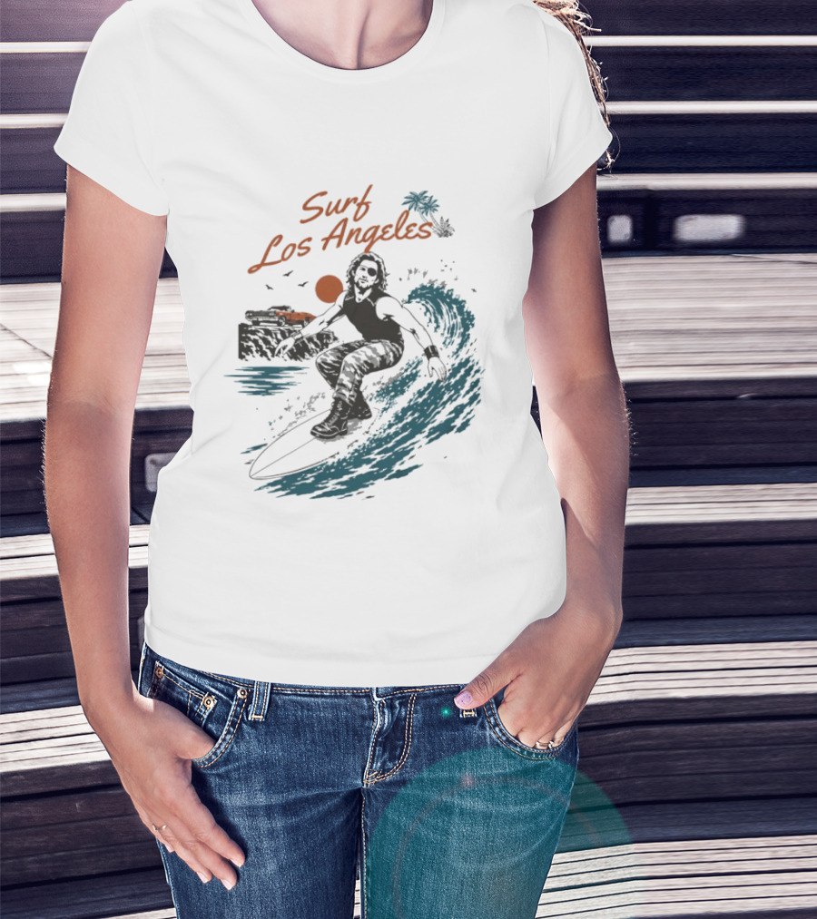 Surf Los Angeles 2026 Vintage Surfer With Sunset And Palm Tree Ocean Wave T-Shirt